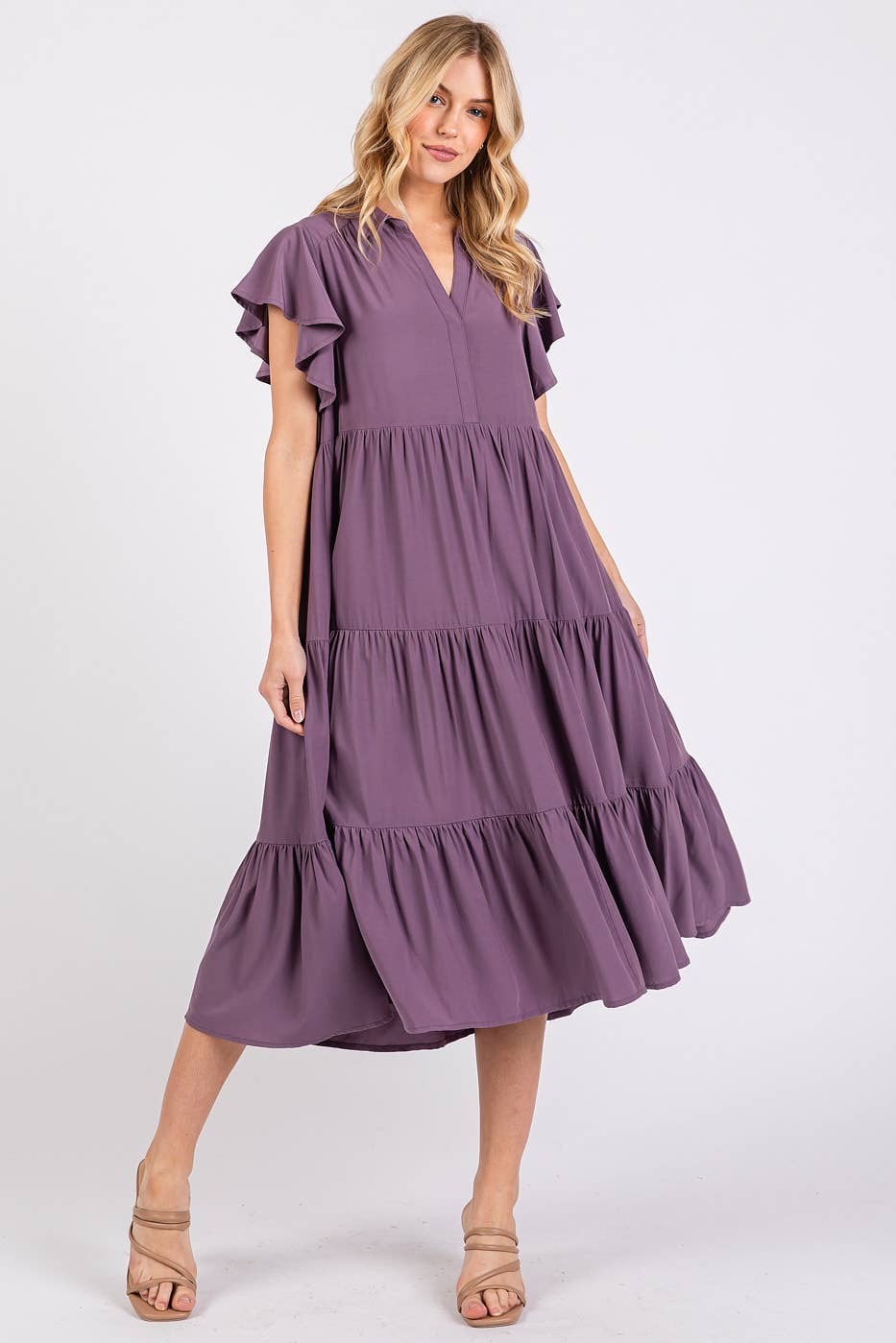 Rowan Ruffle Sleeve Collared Midi Dress ~ Faded Plum