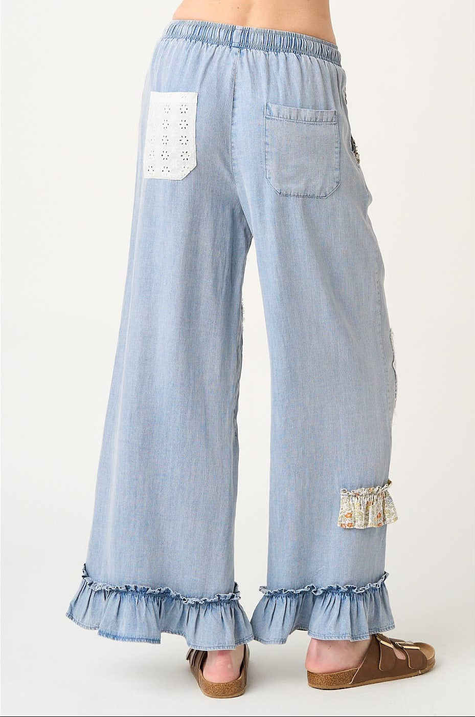 Washed Chambray Patchwork Wide Leg Pants ~ Light Denim