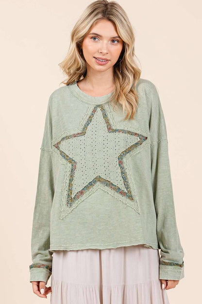 Avery Mineral Wash Star Patch Top ~ Sage