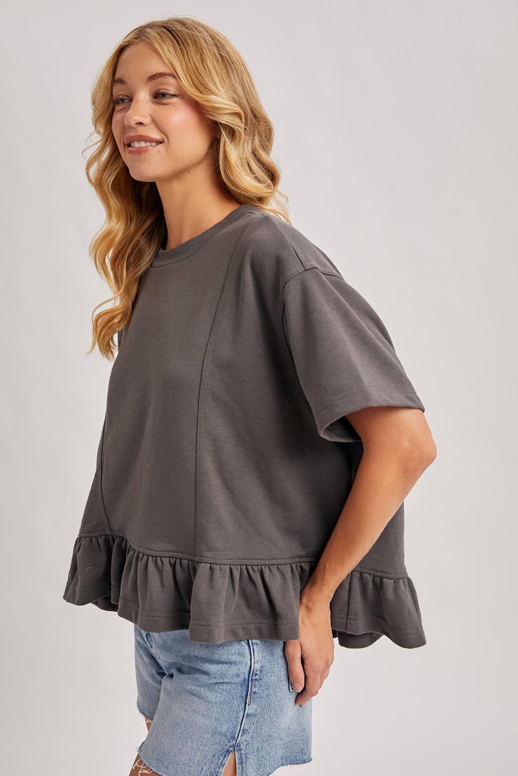 Regan Ruffled Peplum Hem Swing Knit Top ~ Ash