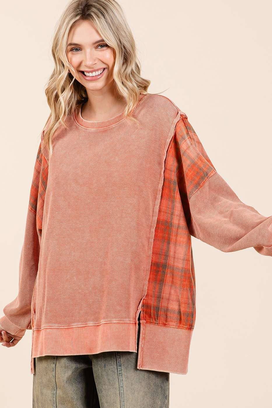 Pam Plaid Panel Mineral Wash Pullover ~ Faded Brick