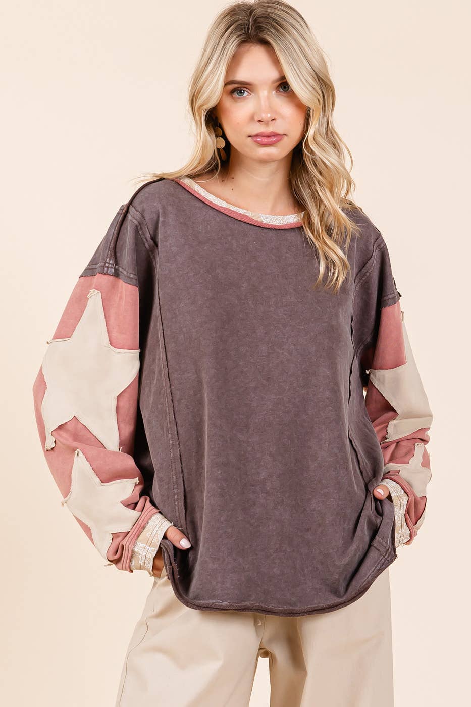 Sara Star Patch Colorblock Mineral Wash Top ~ Brown