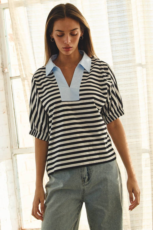 Sidney Striped Pullover Top ~ Black/White