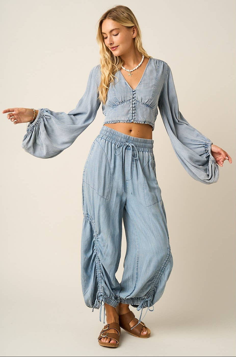 Whitley Washed Chambray Adjustable Leg Balloon Pants ~ Light Denim