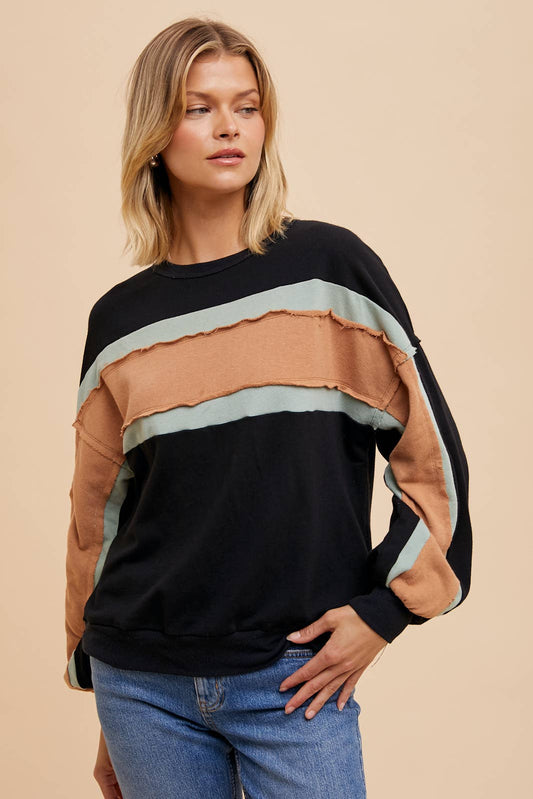 Shelly Stripe Raw Edge Colorblock Pullover ~ Black
