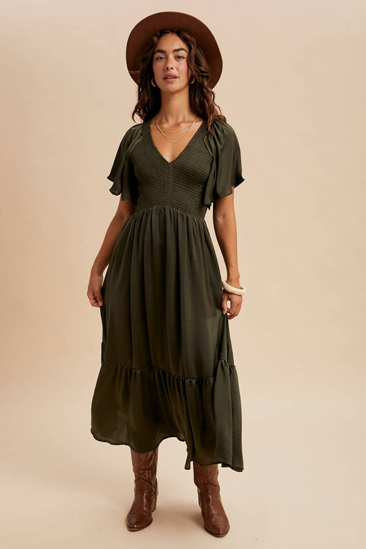 Lilly Smocked Washed Satin Midi Dress ~ Olive