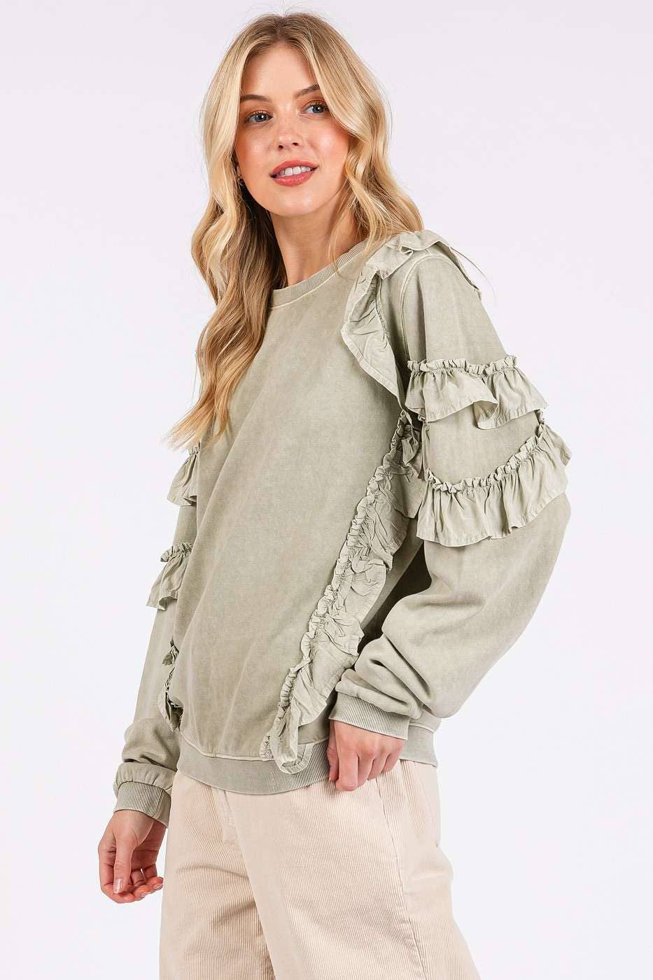 Dallas Mineral Wash Ruffle Top ~ Sage