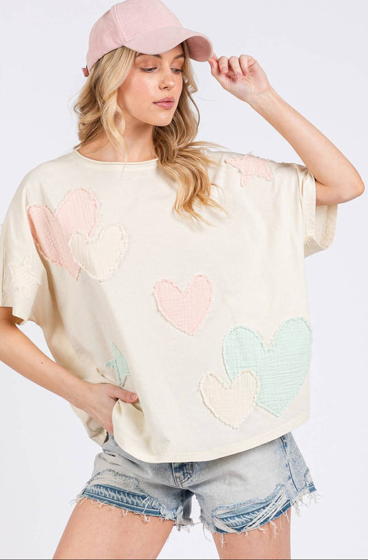 Bella Boho Appliqué Heart Oversized Top ~ Cream
