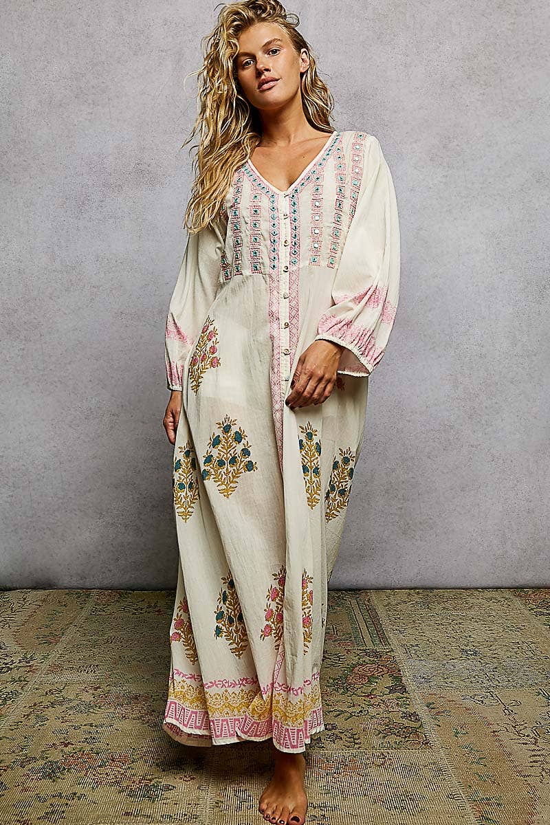 POL Embroidered Floral Maxi Dress ~ Natural