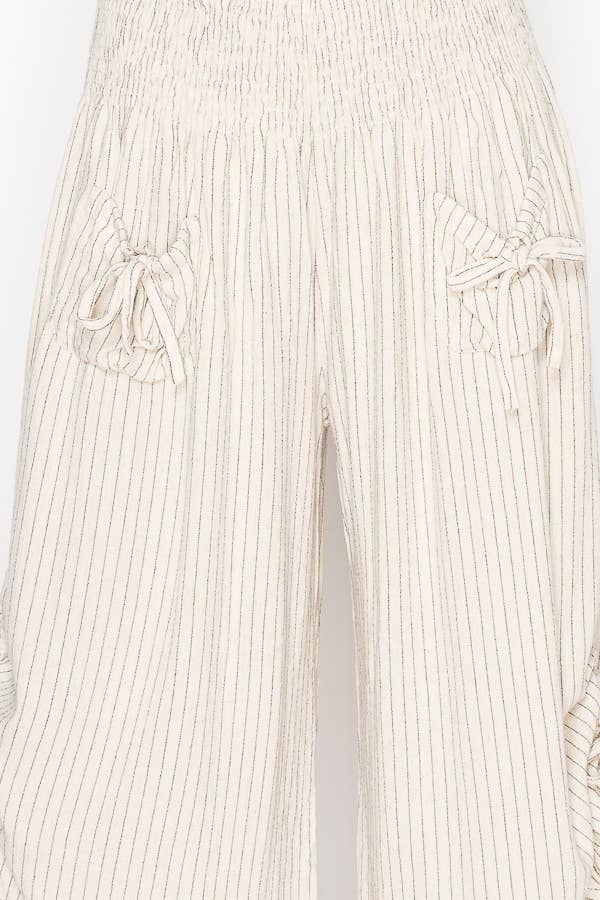 Phoebe Pinstripe Side Tie Ruffle Pants ~ Beige