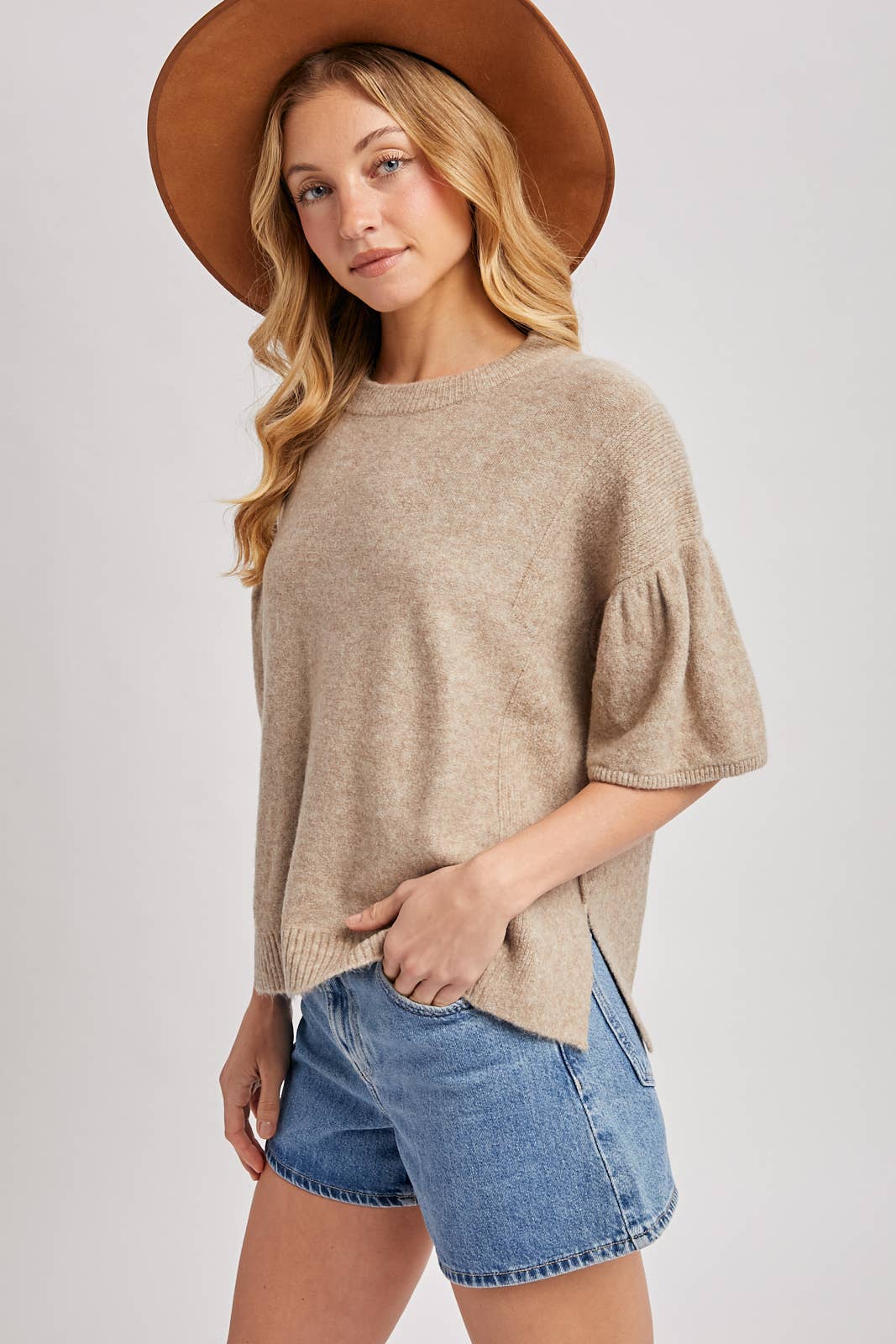 Gwen Gathered Boxy Knit Sweater ~ Latte