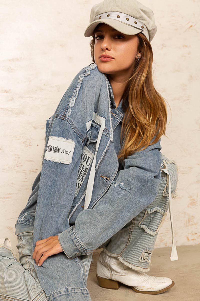 Remma Oversize Patch Detail Frayed Edge Jacket ~ Light Denim