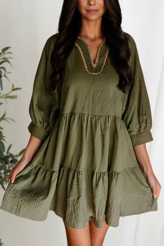 Veronia V Neck 3/4 Sleeve Mini Dress ~ Green