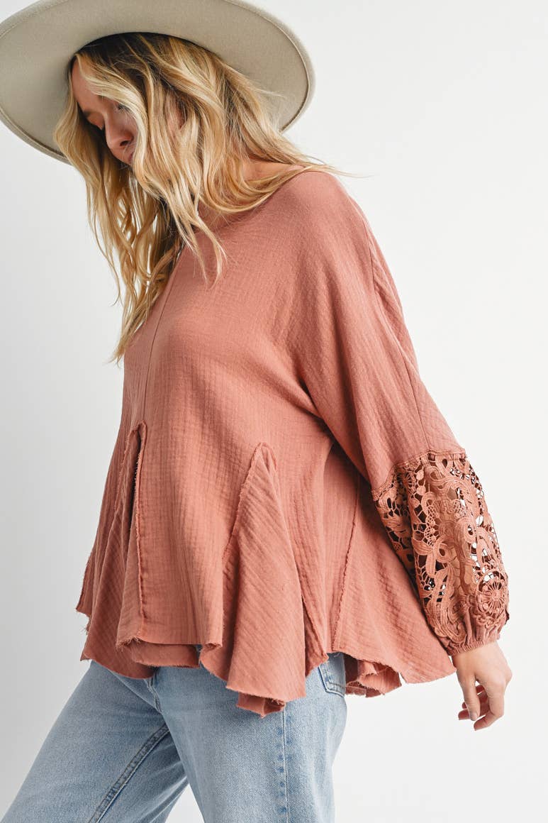 Carrie Crochet Trimmed Sleeve Top ~ Clay