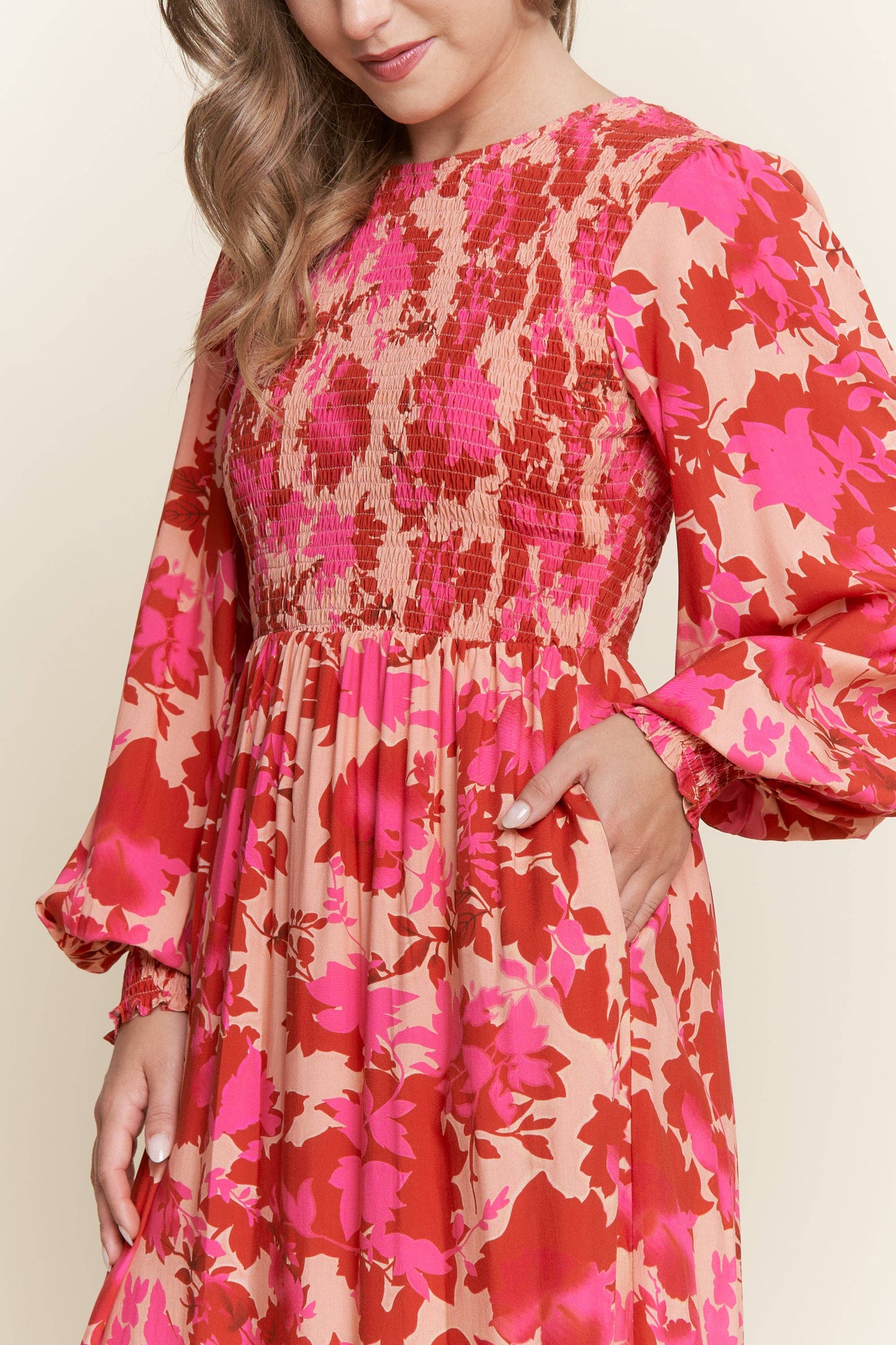Jessica Floral Smocked Bodice  Maxi Dress ~ Red