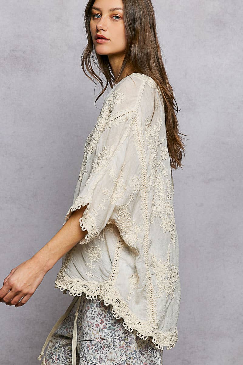 Veronia V-Neck Floral Embroidered Crochet Blouse Top ~ Natural