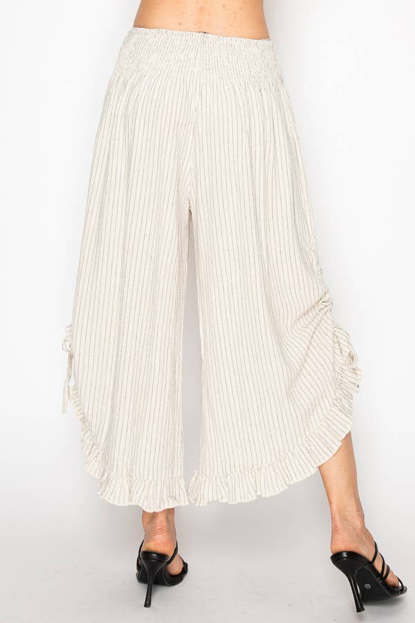 Phoebe Pinstripe Side Tie Ruffle Pants ~ Beige