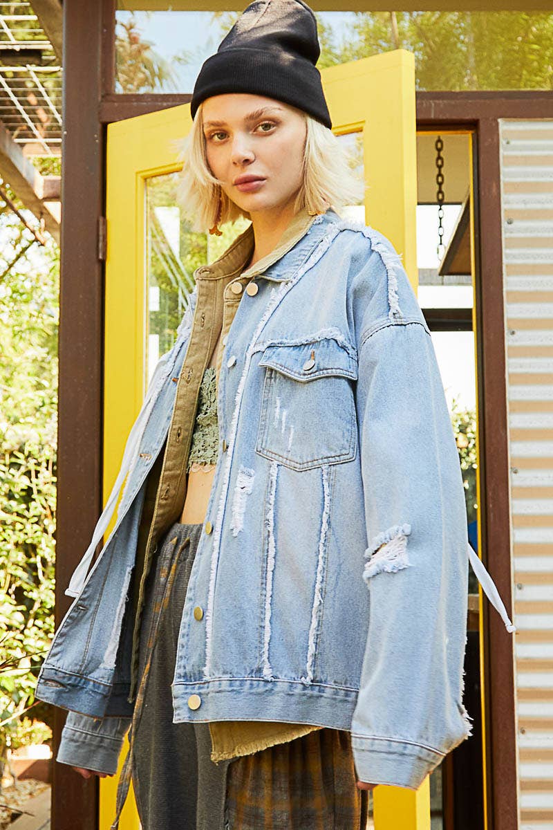 Remma Oversize Patch Detail Frayed Edge Jacket ~ Light Denim