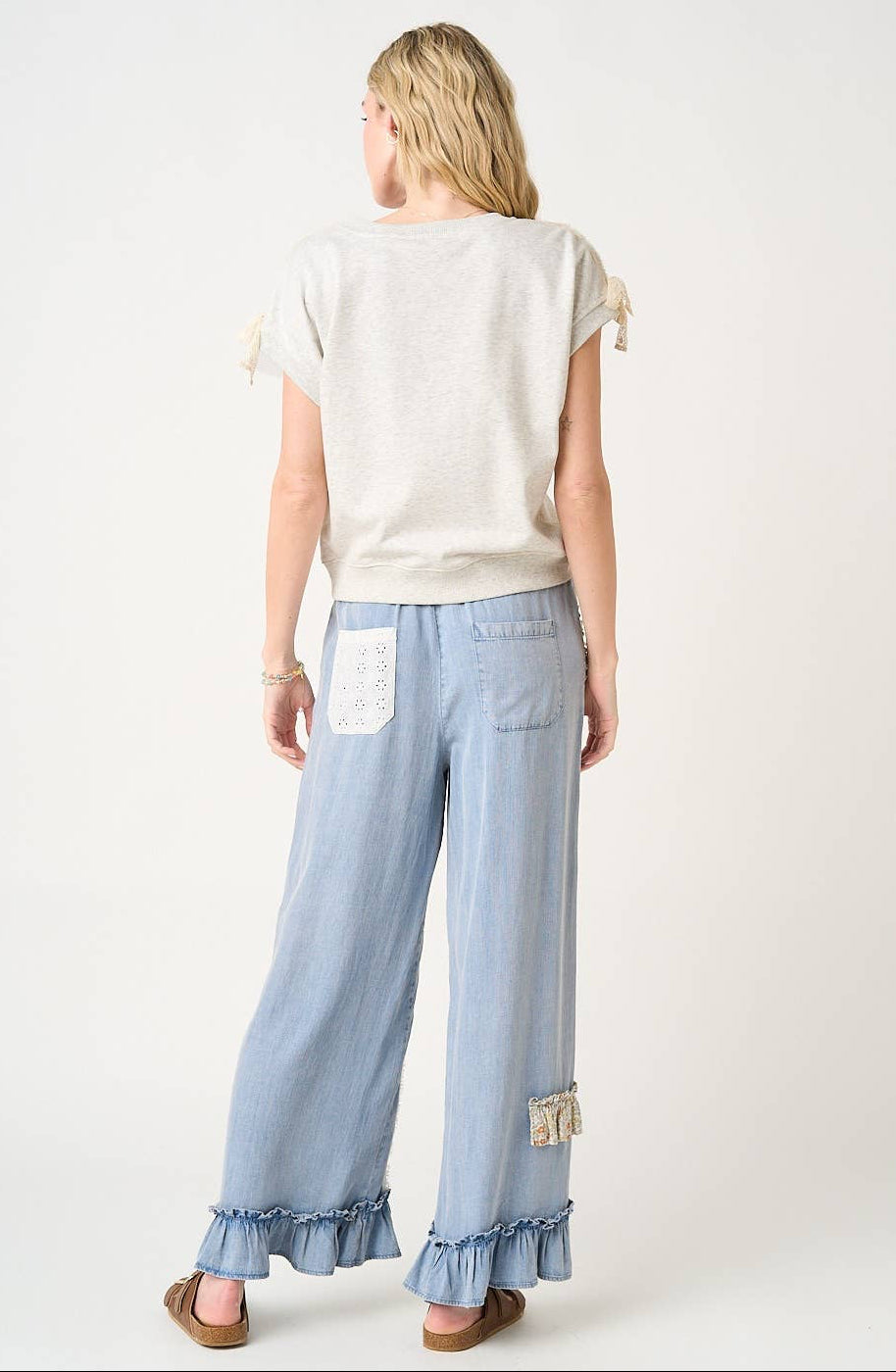 Washed Chambray Patchwork Wide Leg Pants ~ Light Denim