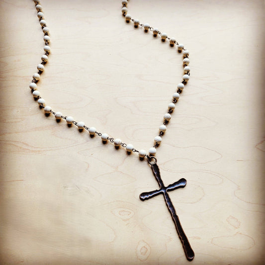 White Turquoise Long Beaded Cross Necklace