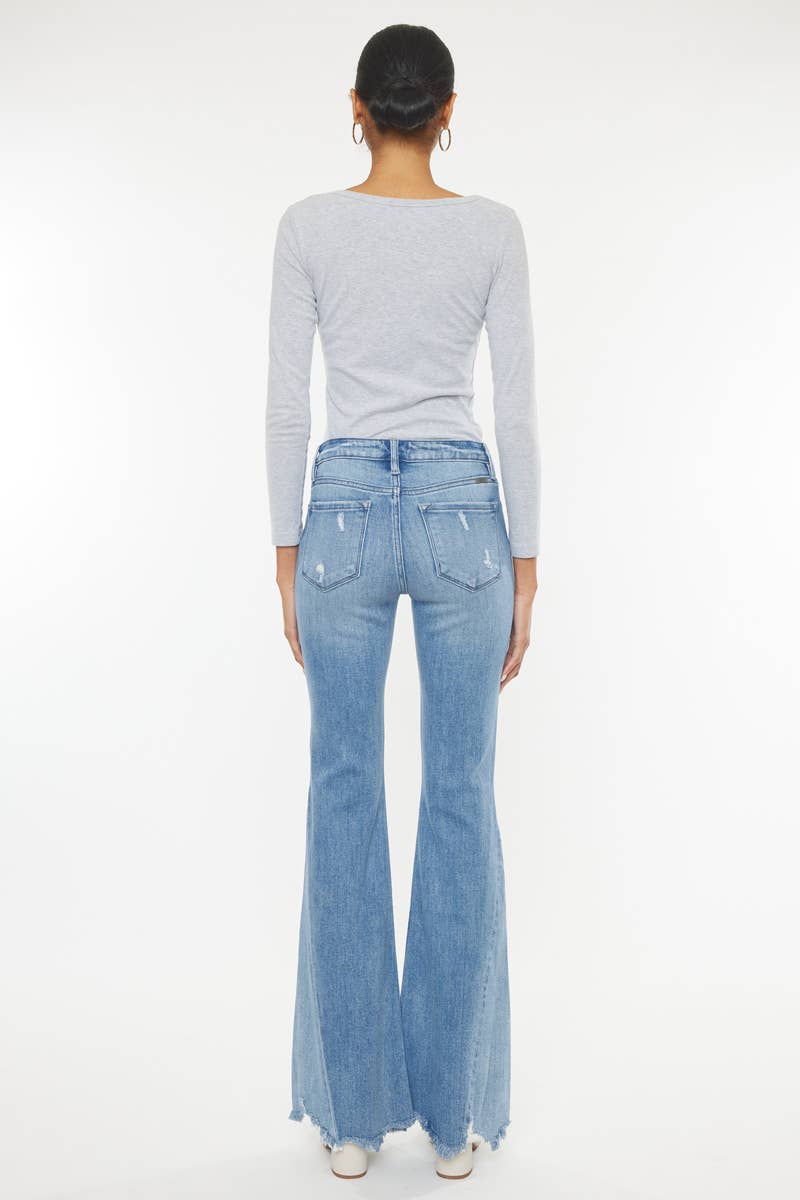 Stacey Mid Rise Raw Hem Flare Jeans ~ Light Denim