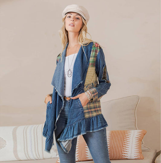 Piper Boho Patched Cardigan ~ Dark Denim