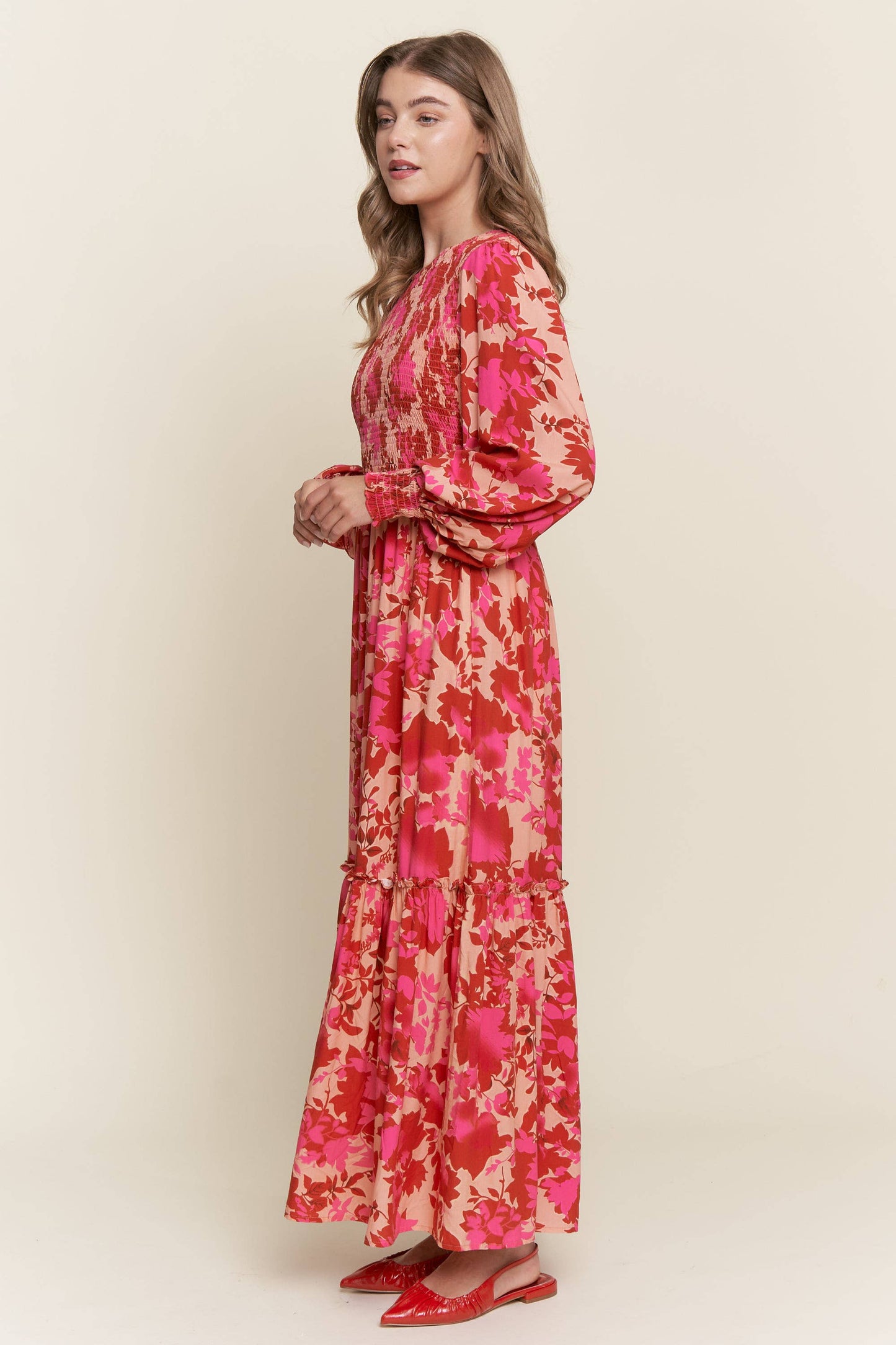 Jessica Floral Smocked Bodice  Maxi Dress ~ Red
