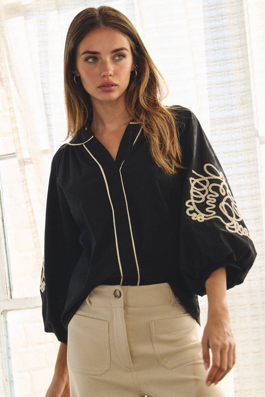 Remy Embroidered Balloon Sleeve Top ~ Black