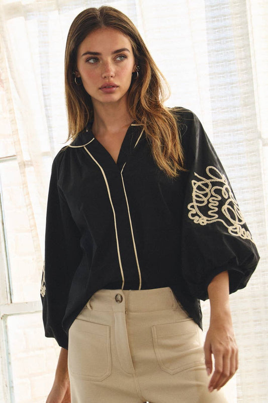 Remy Embroidered Balloon Sleeve Top ~ Black