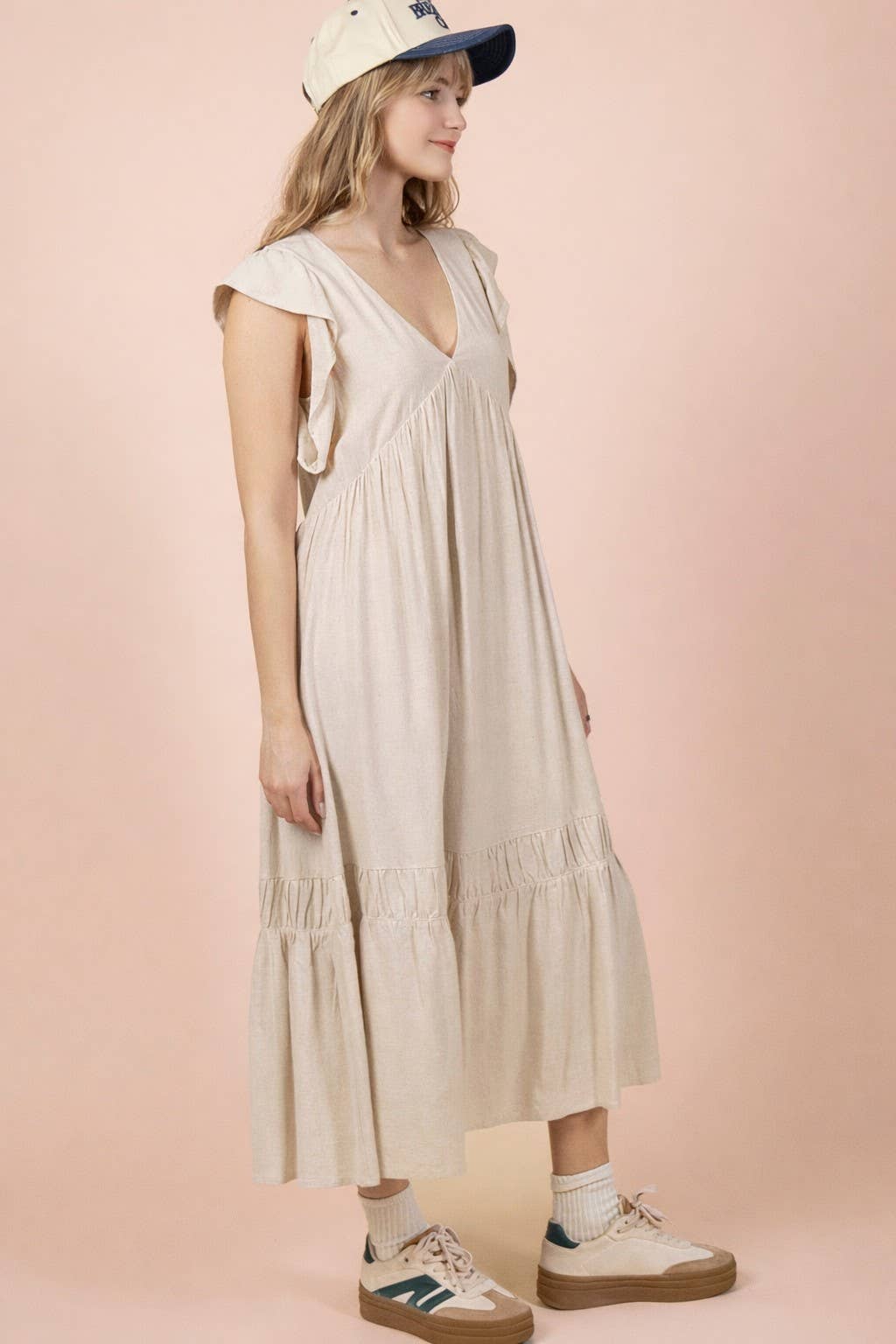 Sara V-Neck Ruffle Sleeve Midi Dress ~ Oatmeal