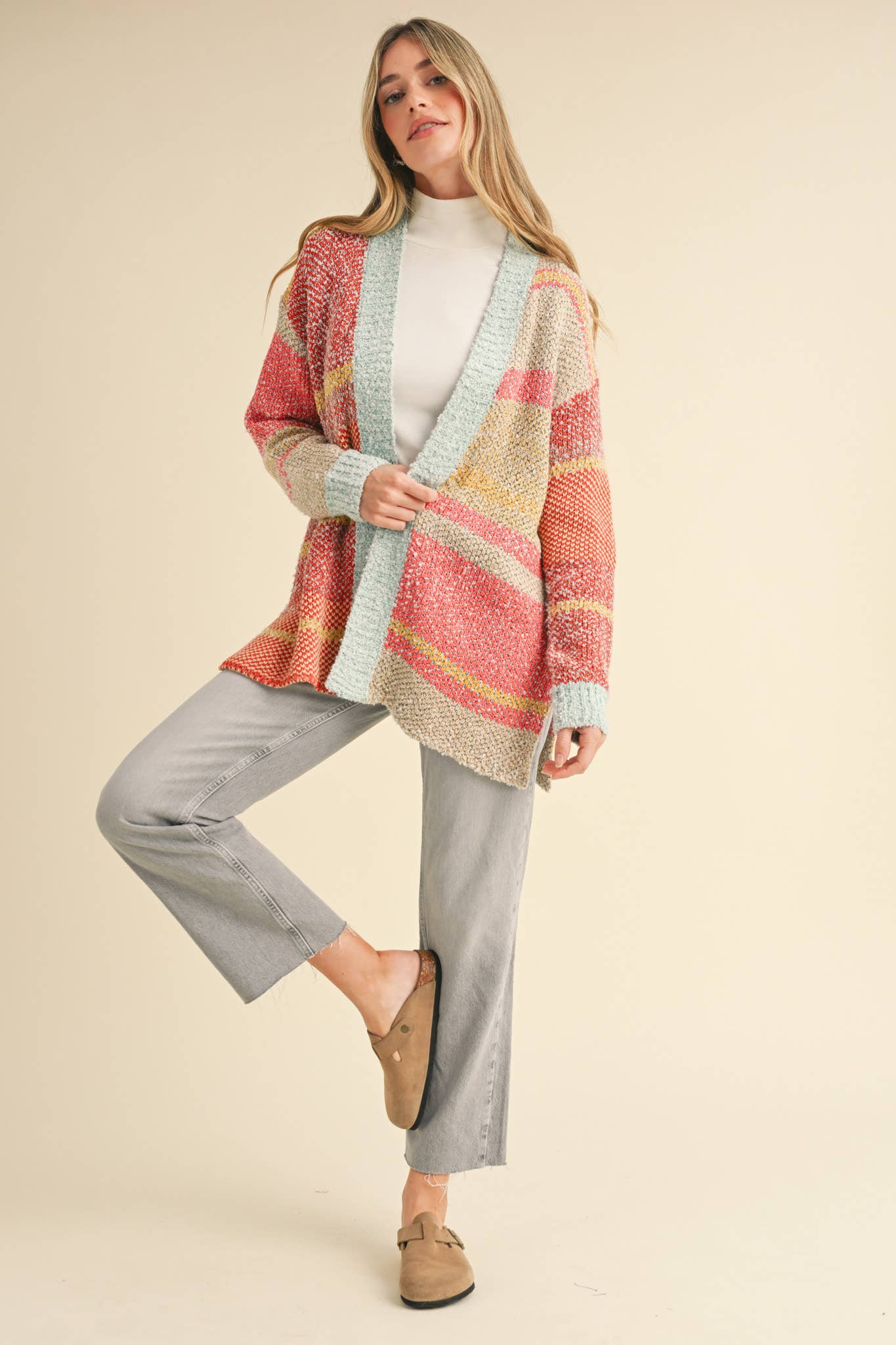 Avery Color Block Cardigan ~ Mint/Taupe/Orange