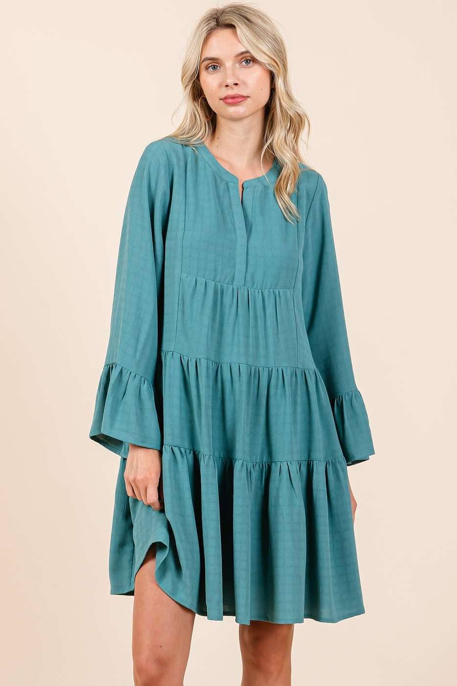 Becca Bell Sleeve Tiered Mini Dress ~ Seafoam