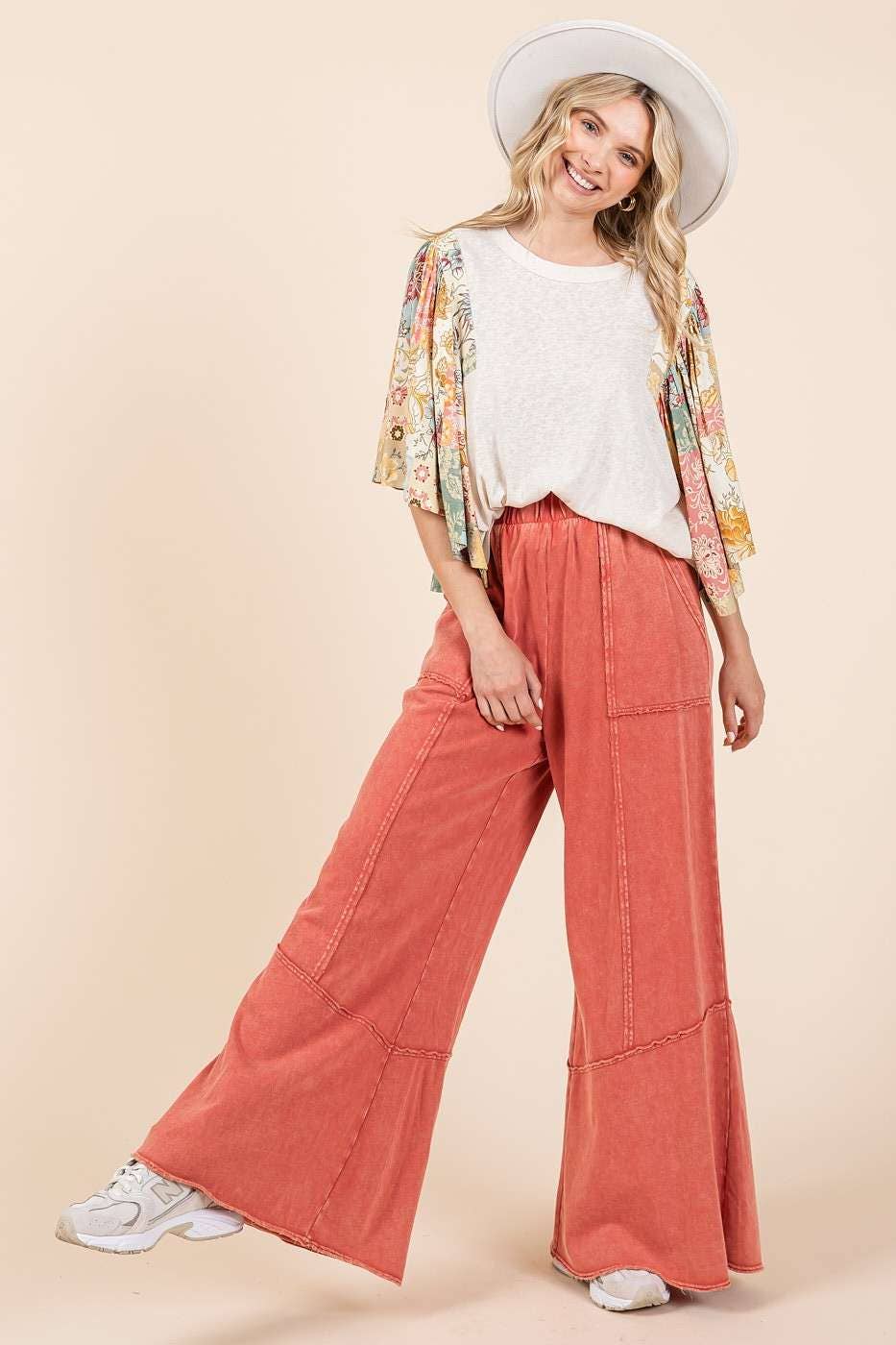 Cassie Mineral Wash Pocket Flare Pants ~ Rust