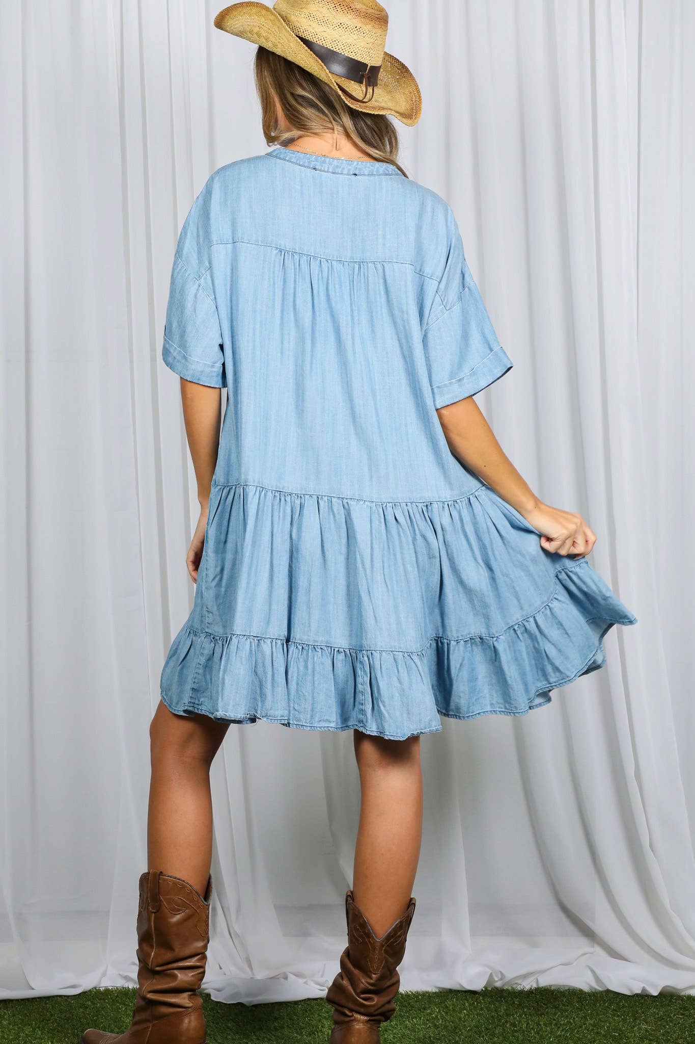 Veronica V-Neck Tencel Chambray Tiered Dress~ Light Denim
