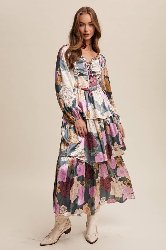 Felicia Floral Lace-Up Tiered Maxi Dress ~ Teal