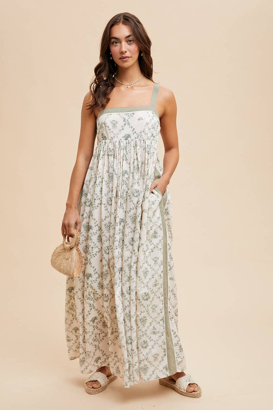 Thea Toile Print Strapy Maxi Dress ~ Natural/Olive