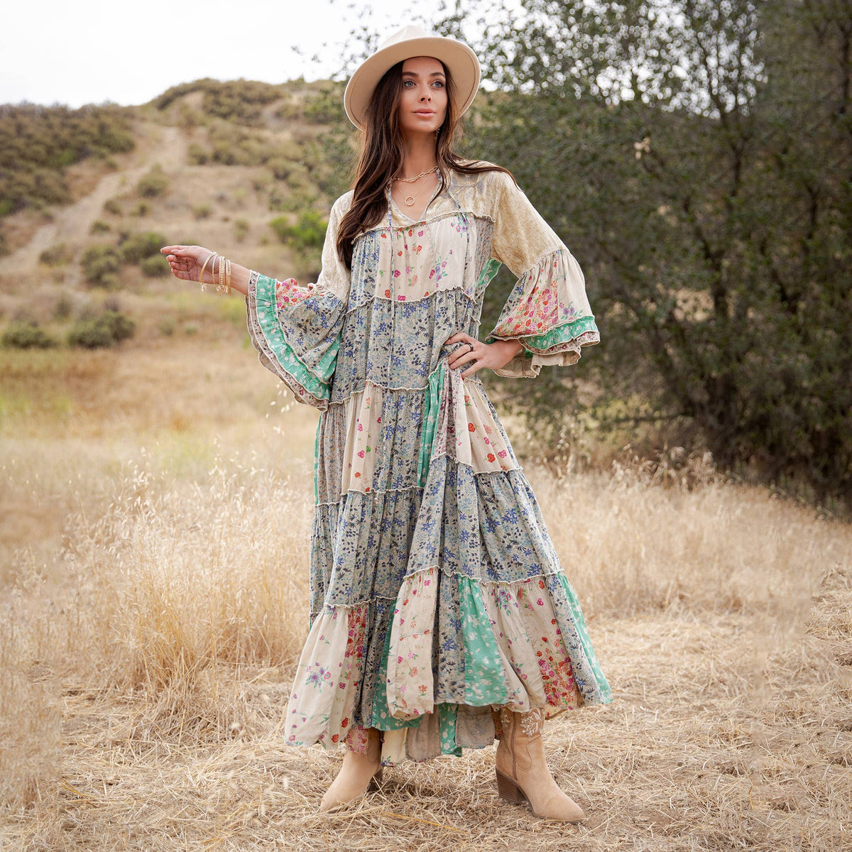 Jhabla Floral Patchwork Maxi Dress ~ Sand