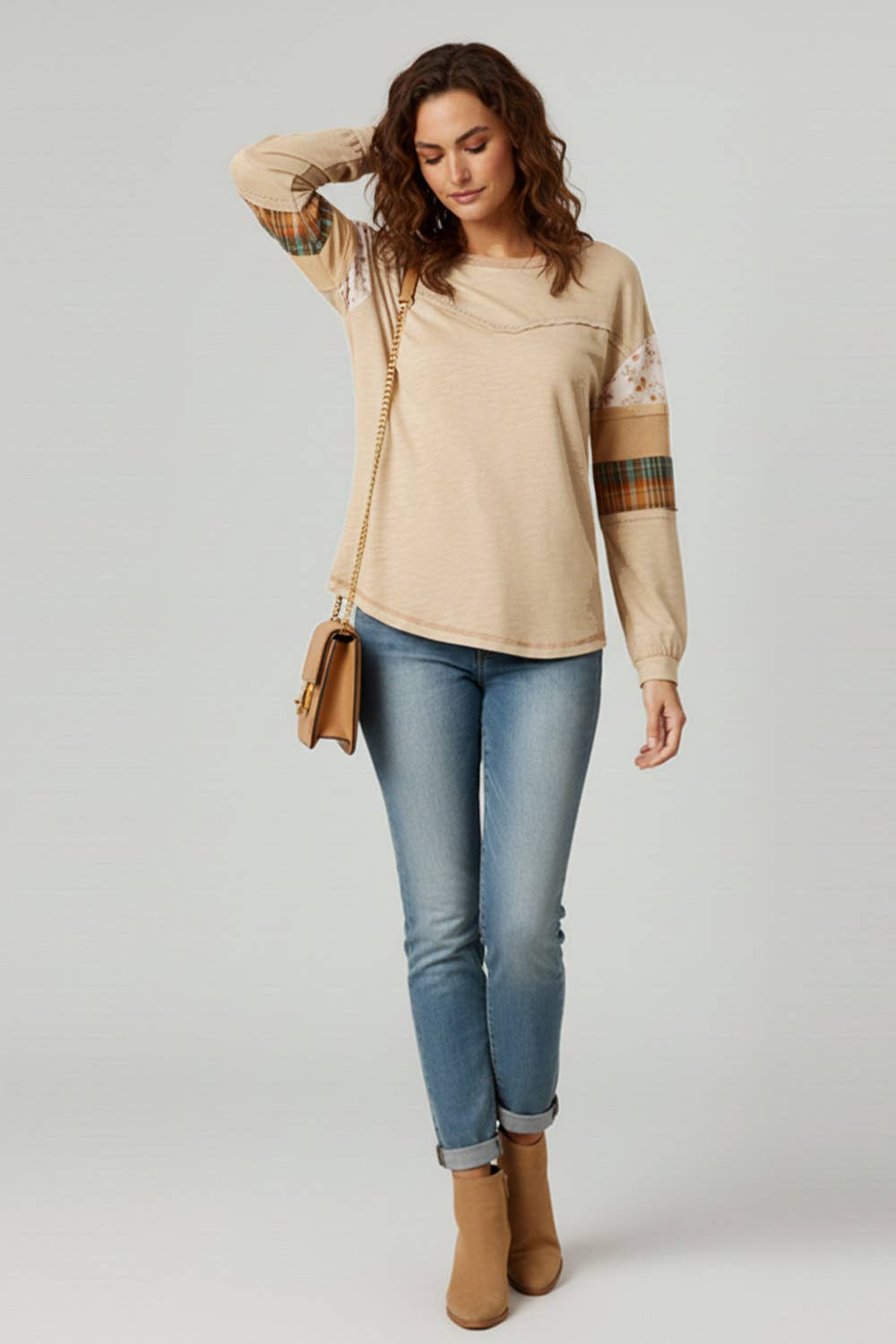 Tinsley Floral Check Color Block Top ~ Oatmeal