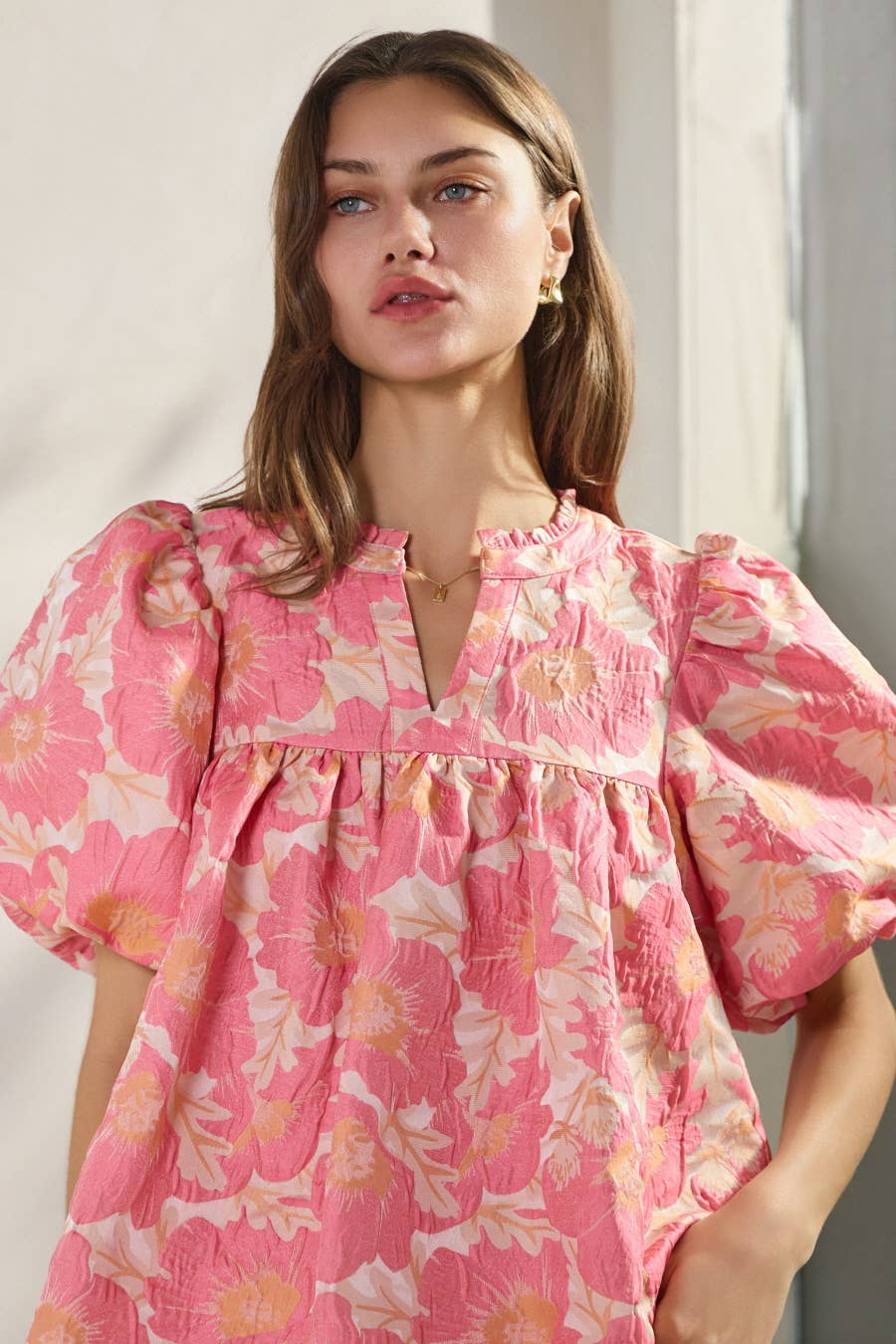 Farrah Floral Satin Weave Jacquard Top ~ Pink Coral