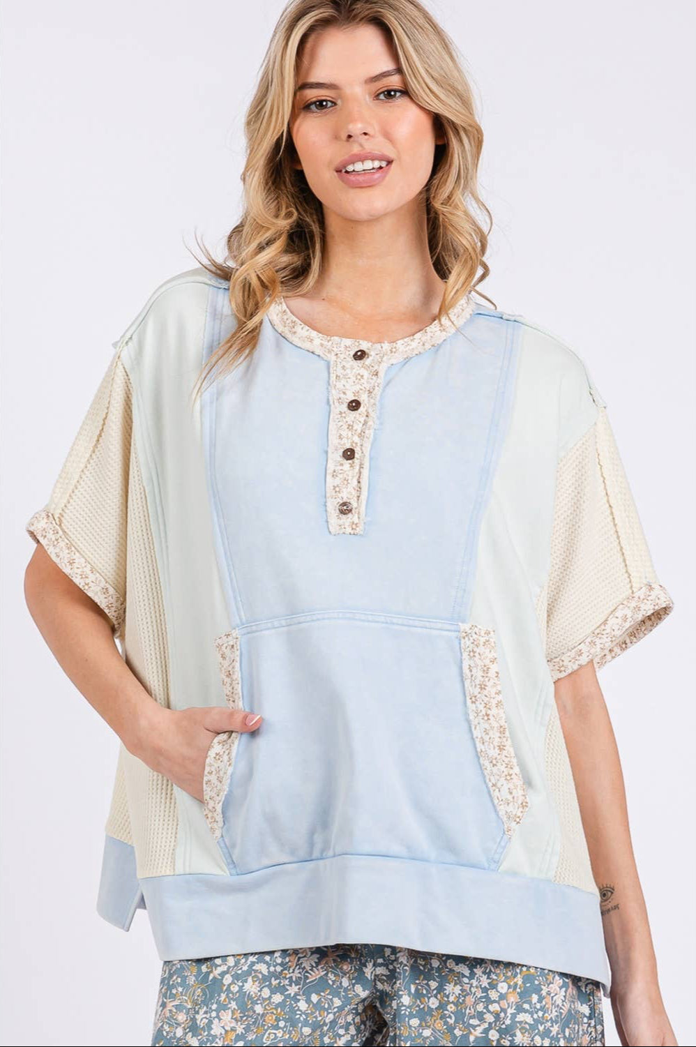 Camila Colorblock Kangaroo Pocket Top ~ Blue