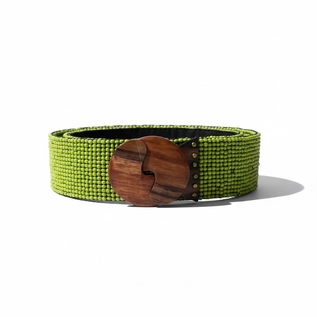 Stretchable Boho Chic Glass Beaded Belt with Wooden Buckle