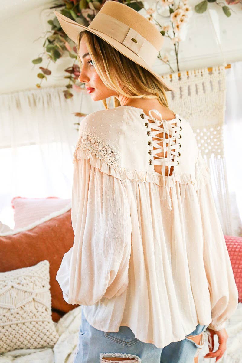 Mya Lace-Up Back Detail Swiss Dot Patterned Top ~ Natural