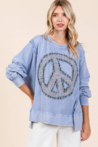 Peace Sign Mineral Wash Pullover ~ Rain Blue