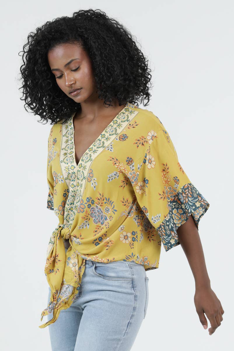 Shelia V Neck Tie Front Floral Top ~ Mustard