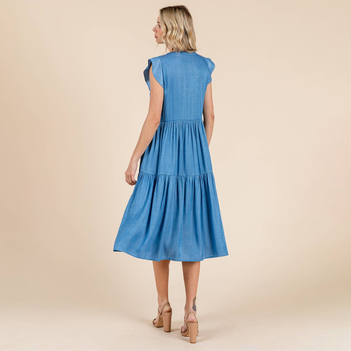 Terry Tiered Flutter Sleeve Midi Dress ~ Chambray