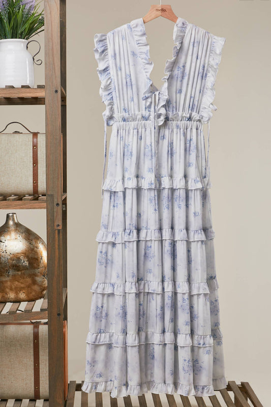 Madelynn Floral Ruffle Tiered Maxi Dress ~ Soft Blue