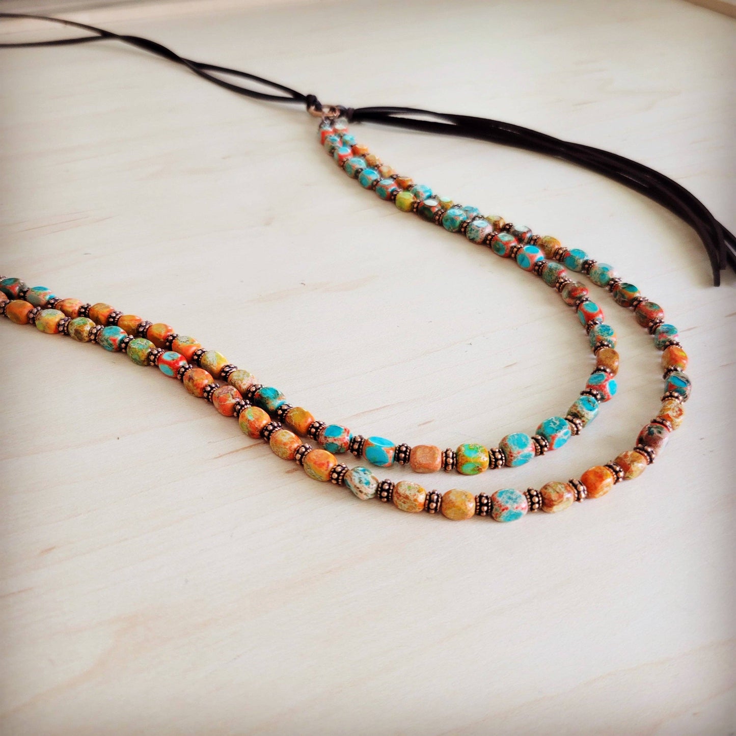 Sunrise Regalite Double Strand Beaded Tassel Necklace