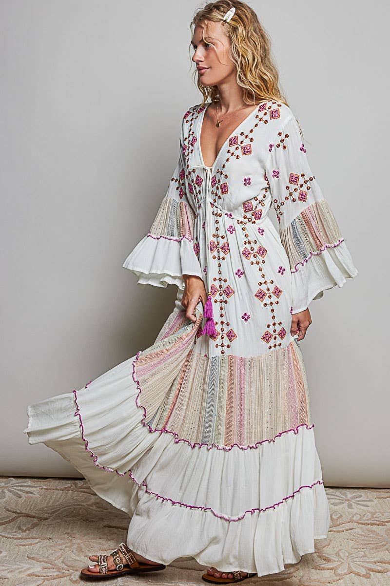 Boho V-Neck Tassel Merrow Edge Cotton Tiered Dress ~ Ivory