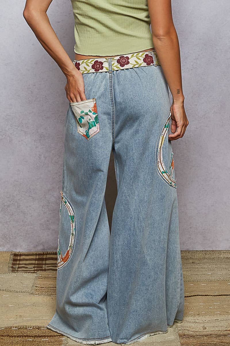 POL Piper Peace Patch Wide Pants ~ Light Denim