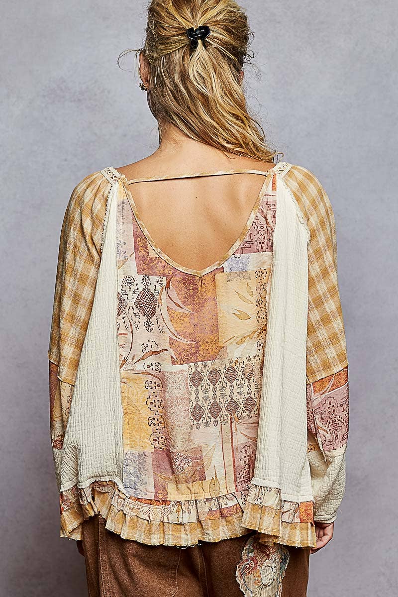 Carley Square Neck Gauze Plaid Top ~ Natural